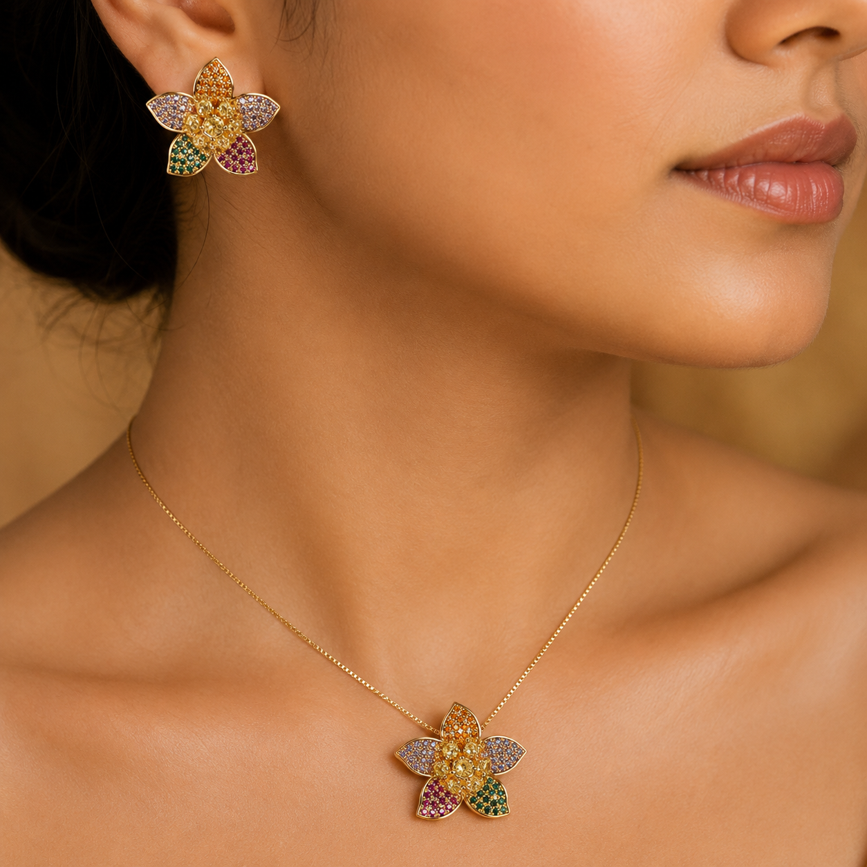 Multicolour Flower Crystal Necklace and Earrings Set