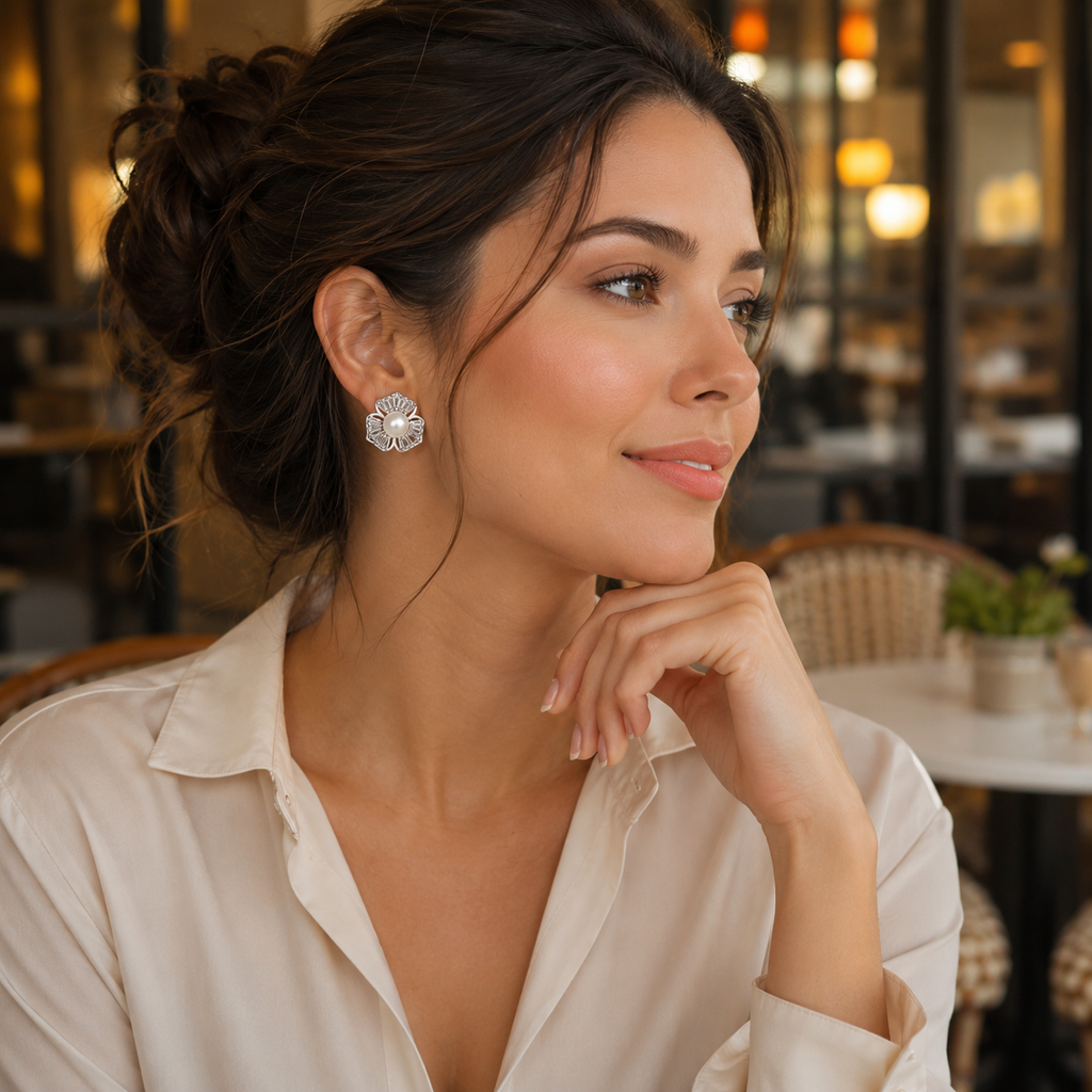 Silver Petal Pearl Stud Earrings