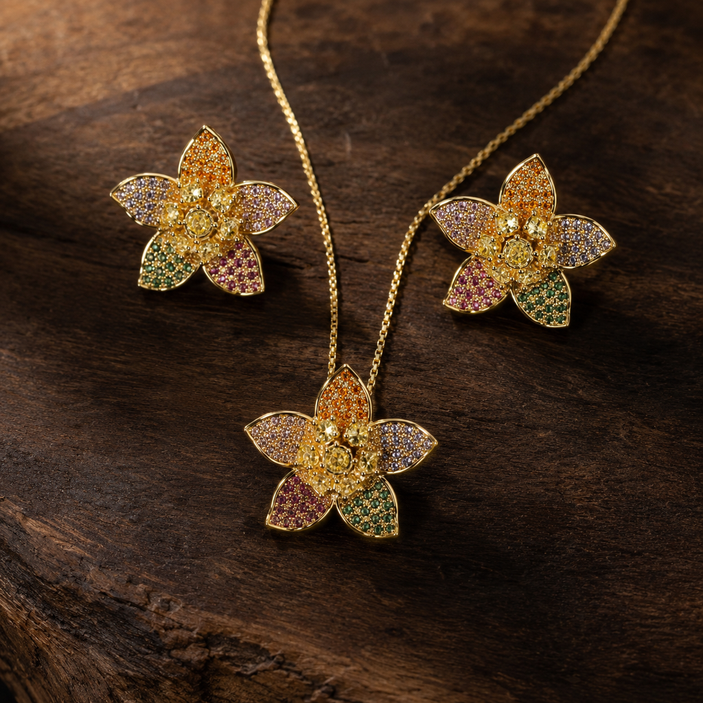 Multicolour Flower Crystal Necklace and Earrings Set