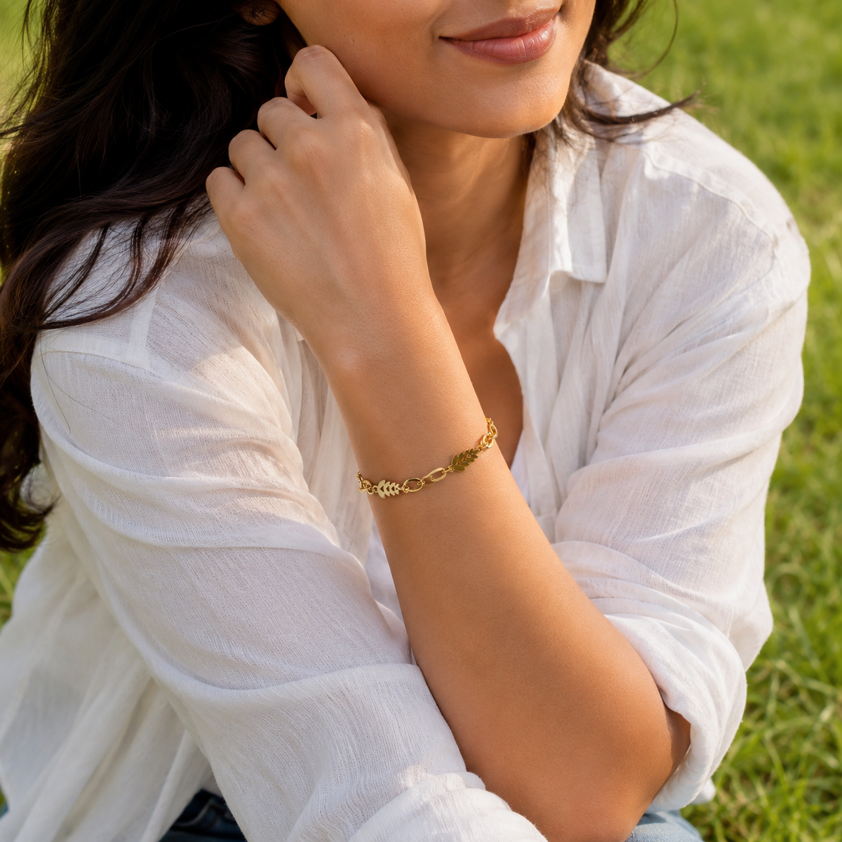 Leaf Link Figaro Chain Bracelet