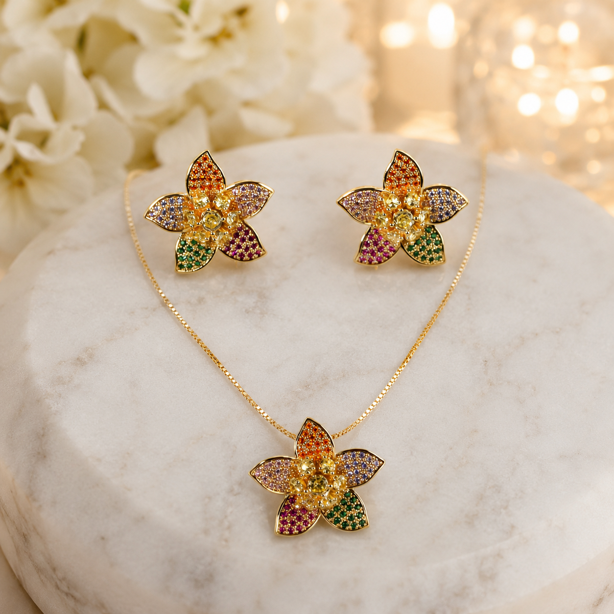 Multicolour Flower Crystal Necklace and Earrings Set
