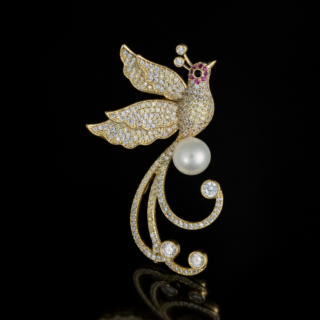 Crystal Pavé Peacock Pearl Gold-Tone Brooch