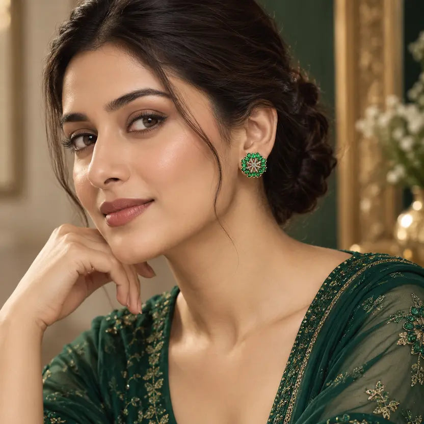 Emerald Floral Halo Stud Earrings