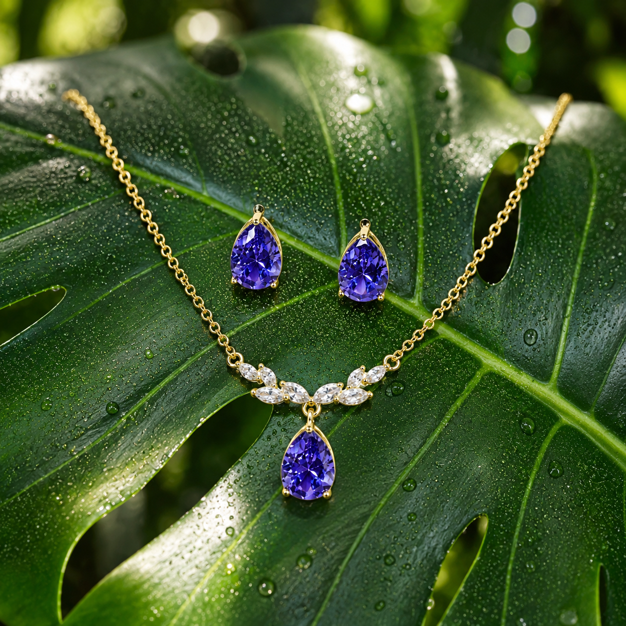 Purple Teardrop Crystal Necklace and Earrings Set