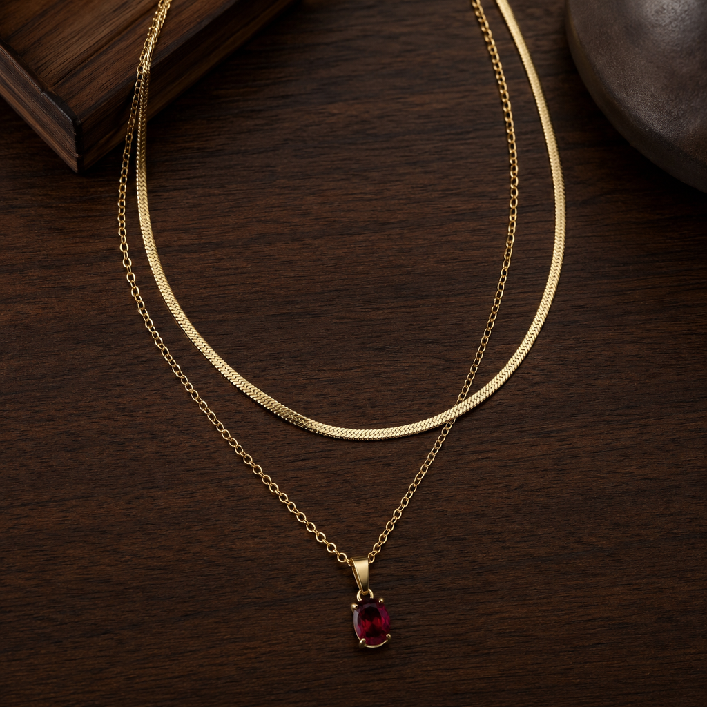 Ruby Red Stone Snake Chain Layered Necklace