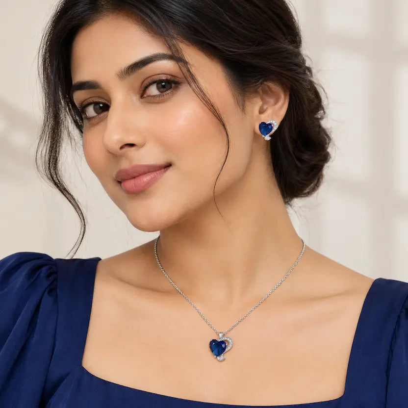 Blue Heart CZ Necklace and Earrings Set