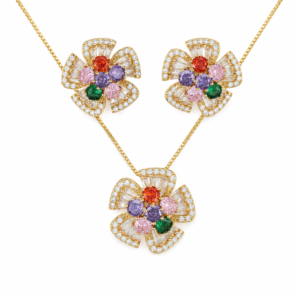 Multicolour Floral CZ Necklace and Earrings Set