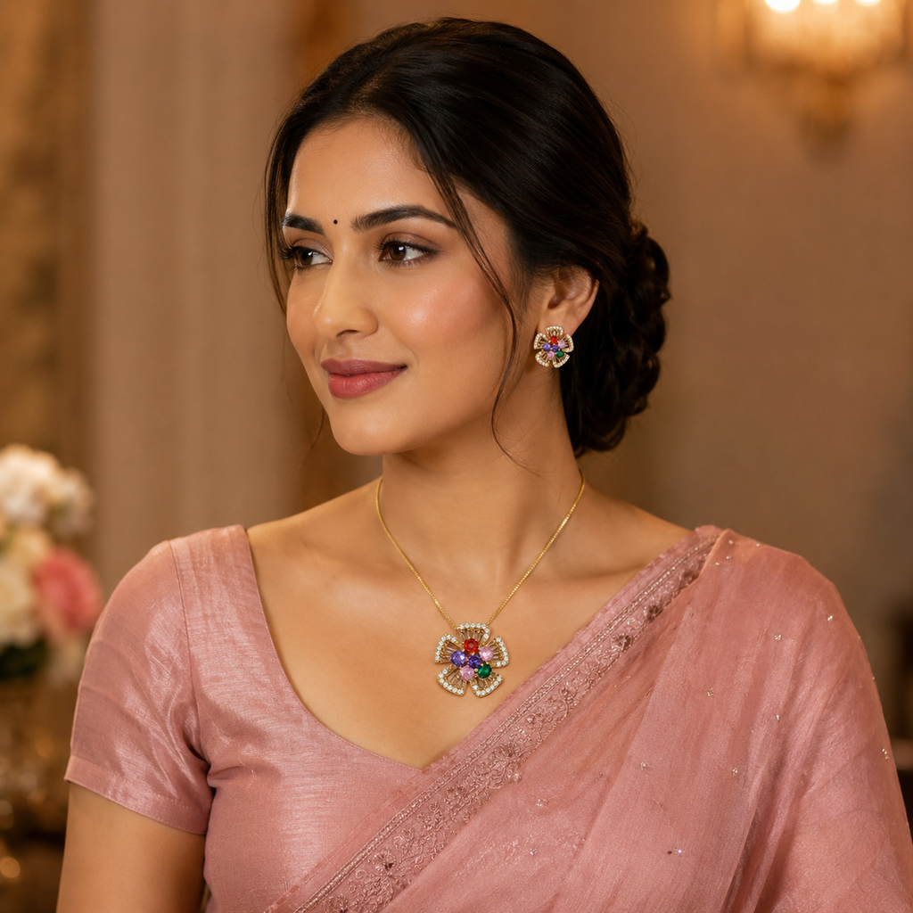 Multicolour Floral CZ Necklace and Earrings Set