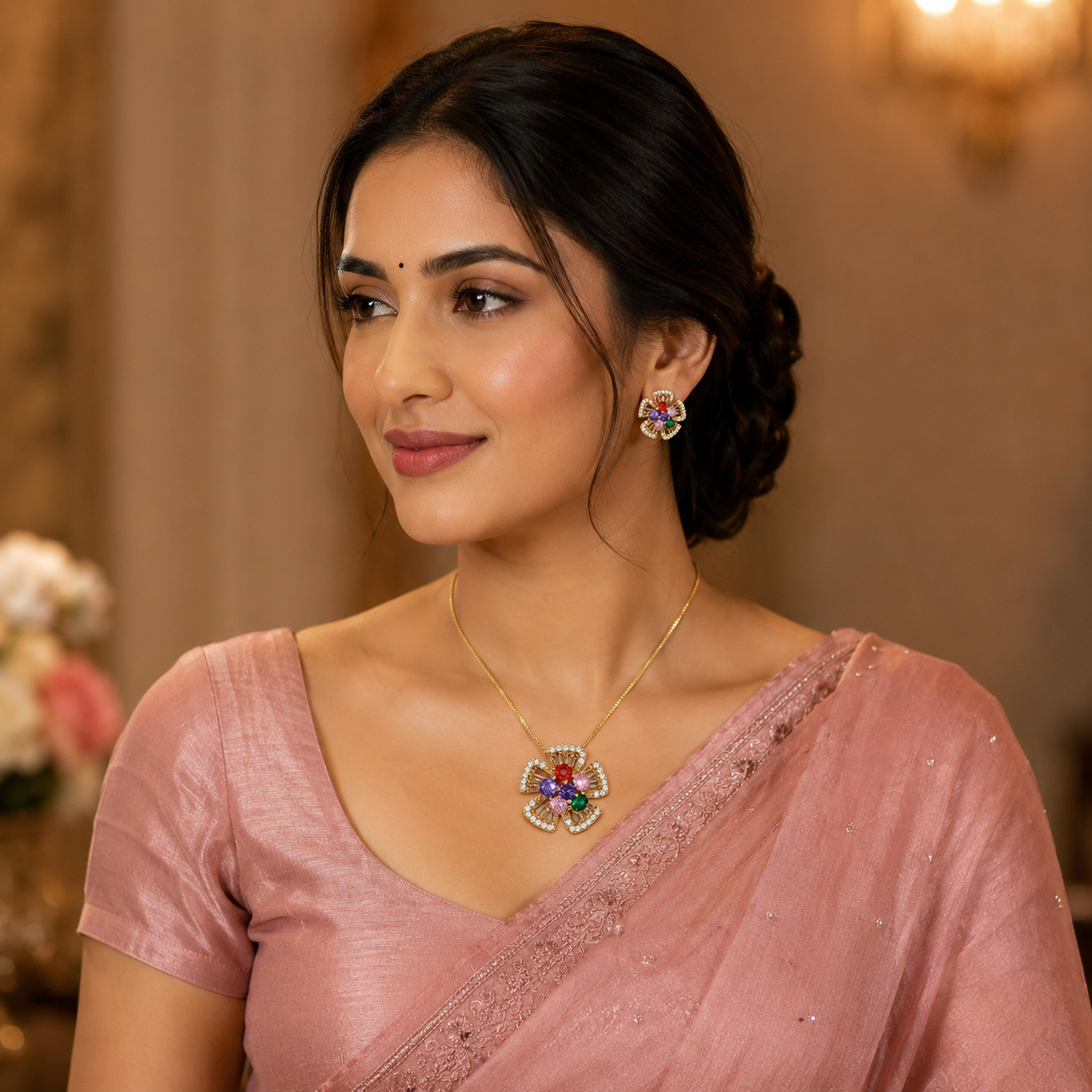 Multicolour Floral CZ Necklace and Earrings Set
