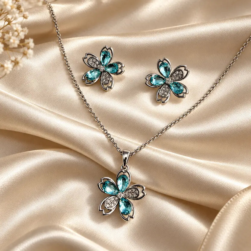 Aqua Blossom Silver-Tone Necklace & Earrings Set