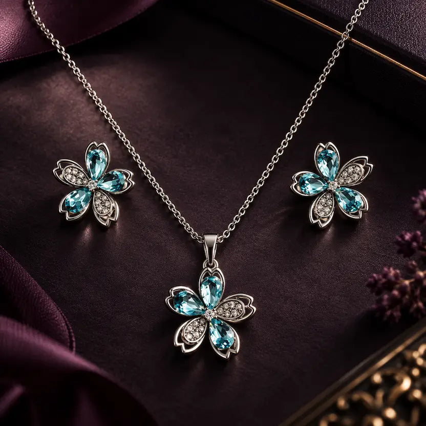 Aqua Blossom Silver-Tone Necklace & Earrings Set