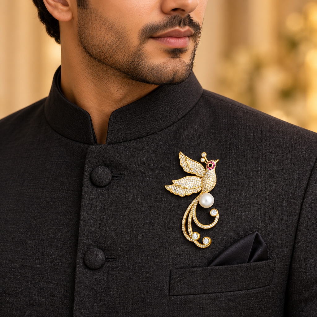 Crystal Pavé Peacock Pearl Gold-Tone Brooch