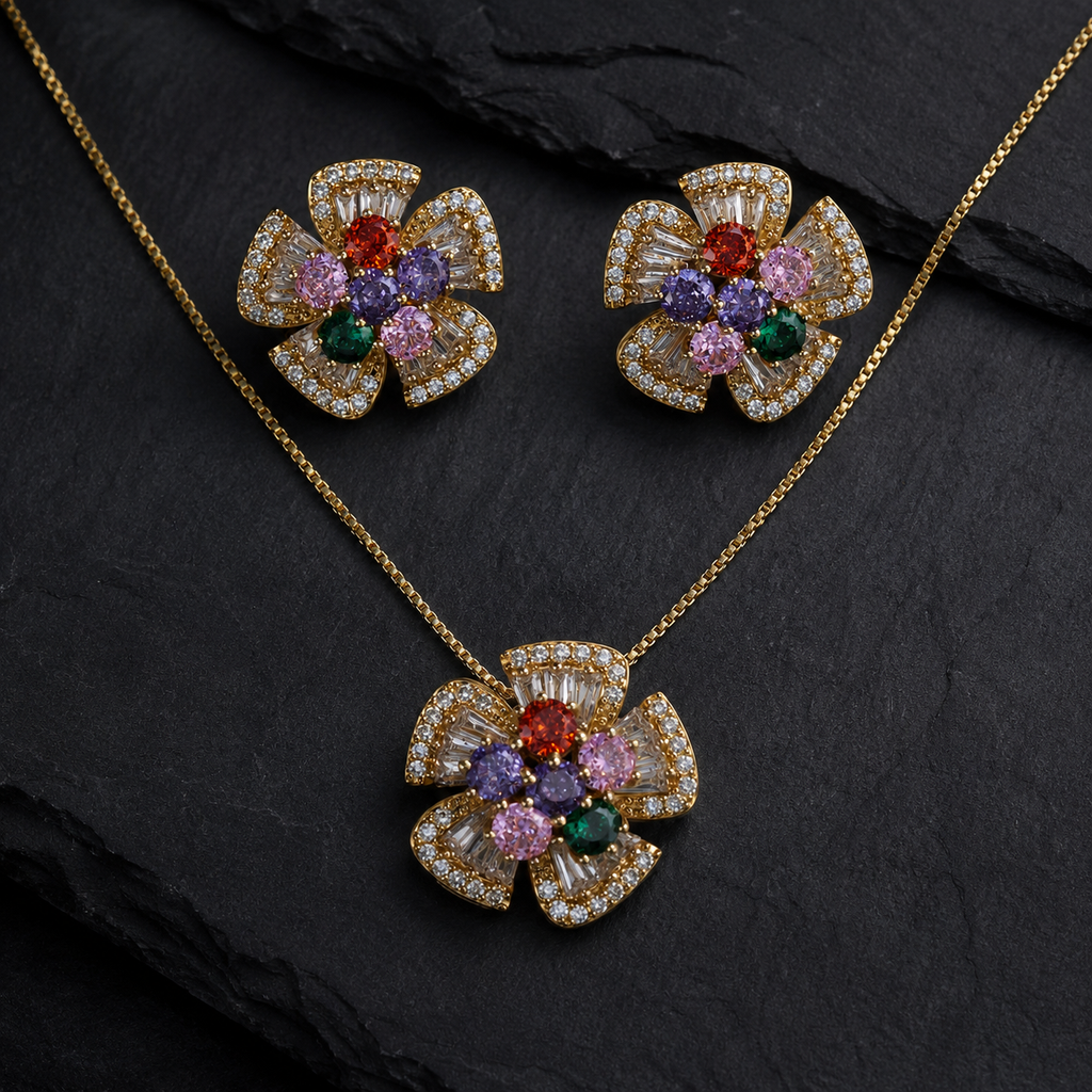 Multicolour Floral CZ Necklace and Earrings Set