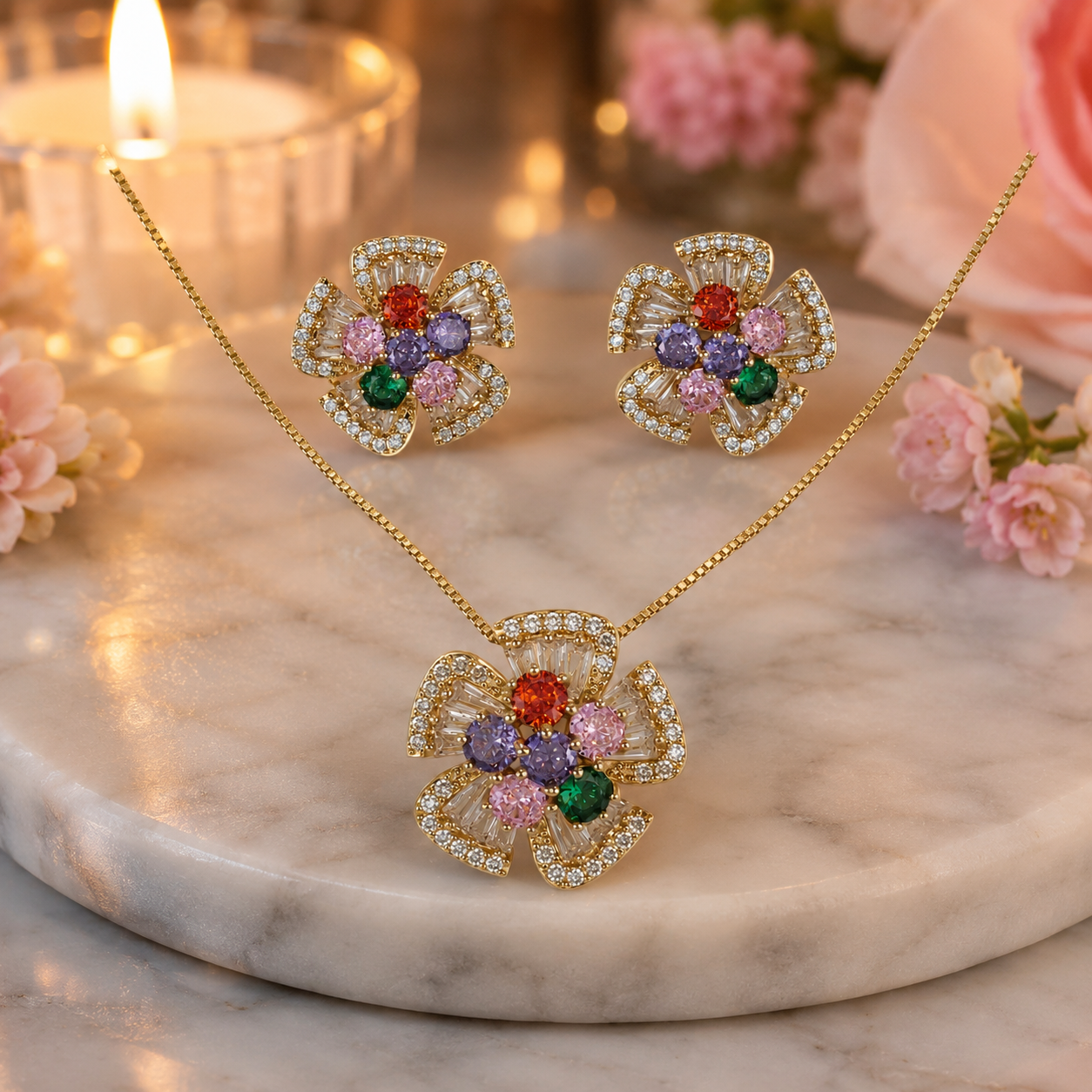 Multicolour Floral CZ Necklace and Earrings Set
