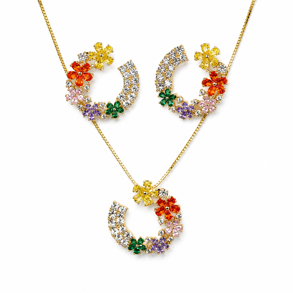Multicolour Floral Crescent Necklace and Earrings Set