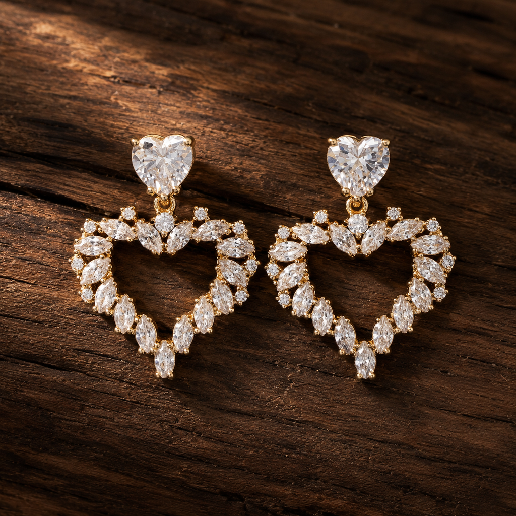 Crystal Heart CZ Gold-Tone Drop Earrings