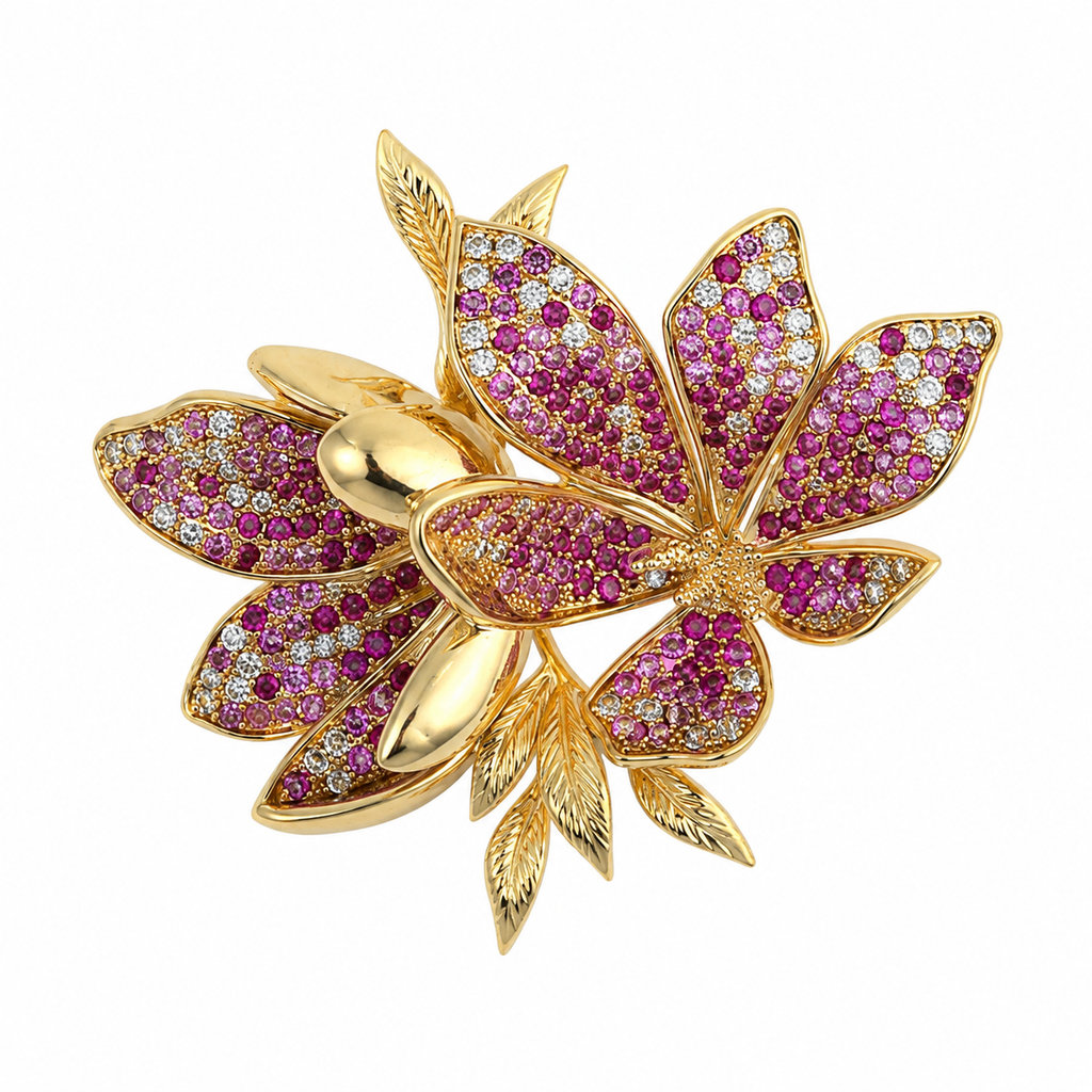 Pink Crystal Floral Gold-Tone Brooch