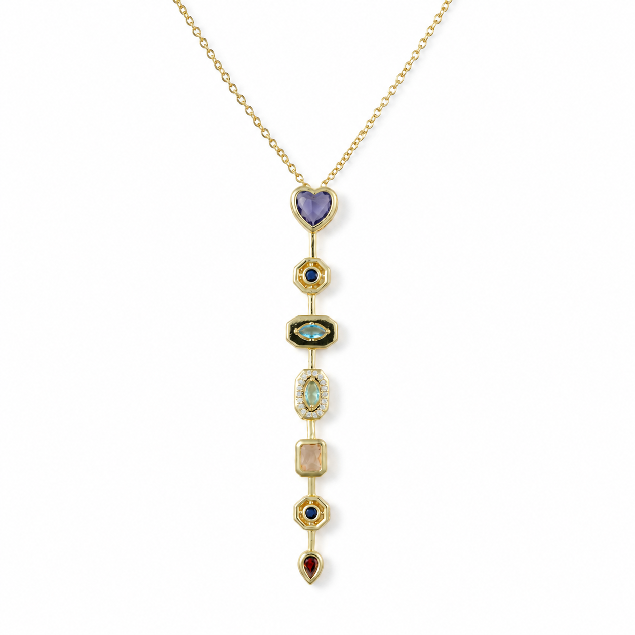 Multicolour Geometric Heart Y-Drop Gold-Tone Necklace