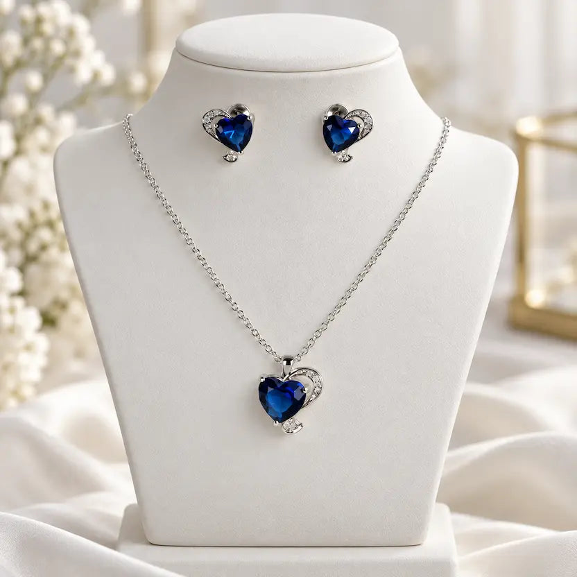 Blue Heart CZ Necklace and Earrings Set