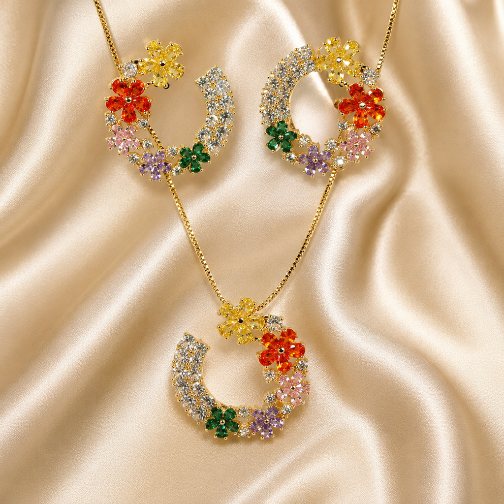 Multicolour Floral Crescent Necklace and Earrings Set