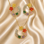 Multicolour Floral Crescent Necklace and Earrings Set