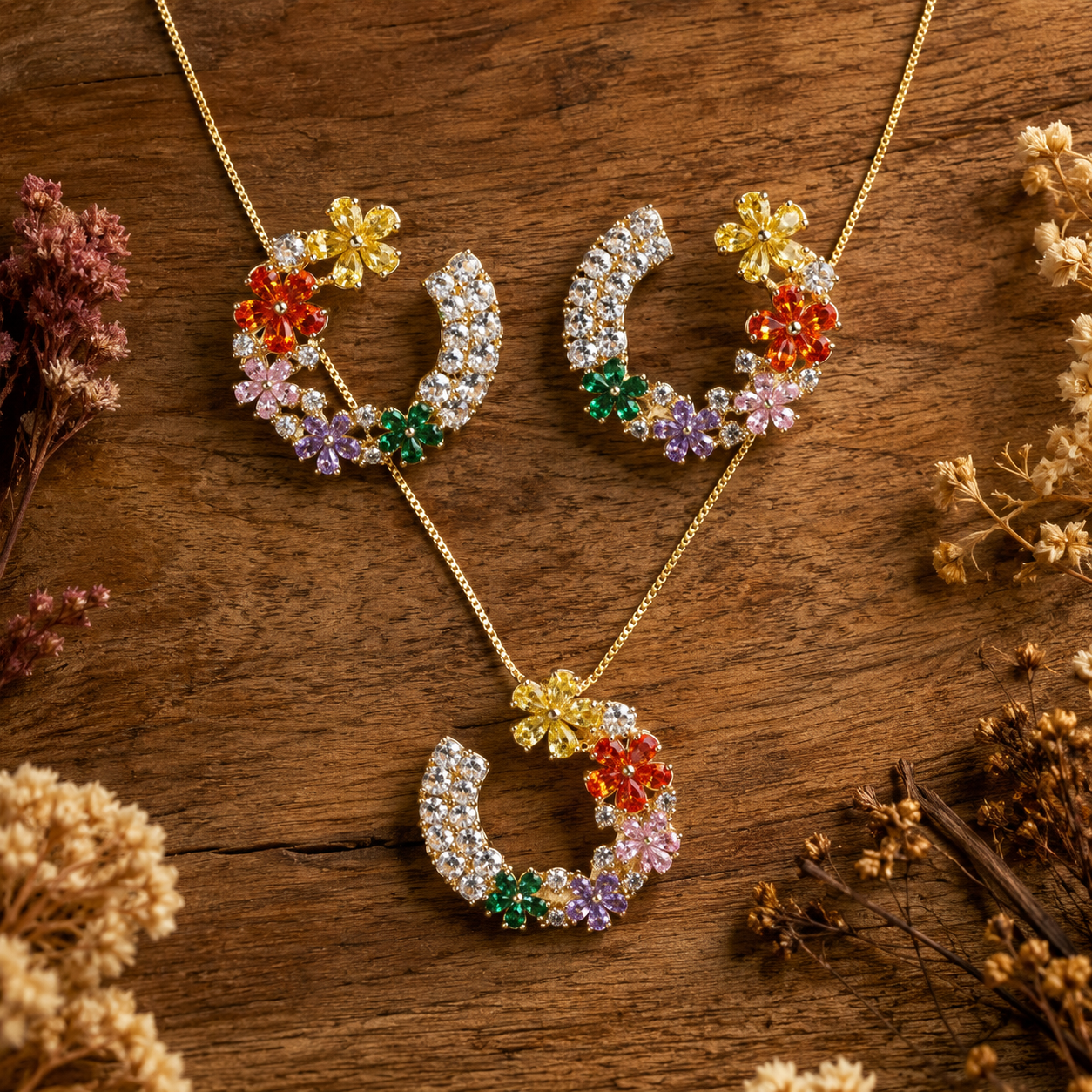 Multicolour Floral Crescent Necklace and Earrings Set