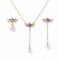 Winged Purple Asymmetric Necklace Earrings Set
