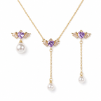 Winged Purple Asymmetric Necklace Earrings Set