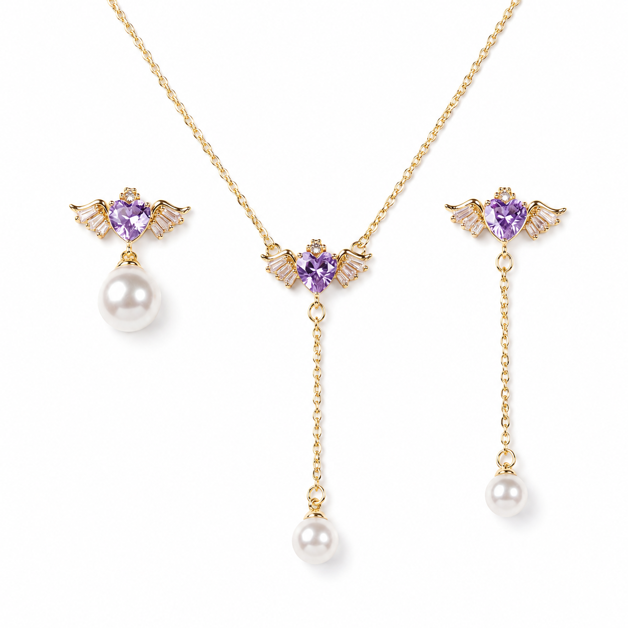 Winged Purple Asymmetric Necklace Earrings Set