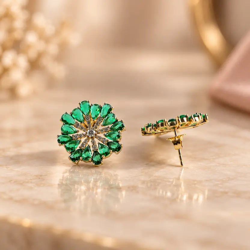 Emerald Floral Halo Stud Earrings