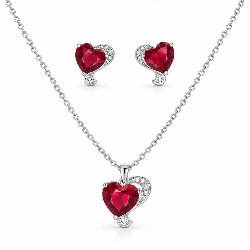 Red Heart CZ Necklace and Earrings Set