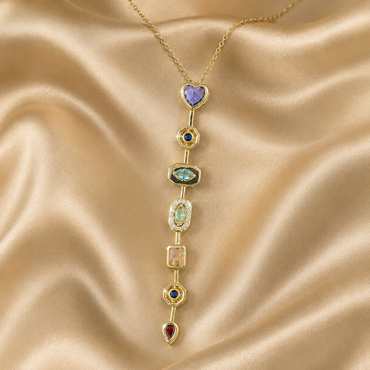 Multicolour Geometric Heart Y-Drop Gold-Tone Necklace