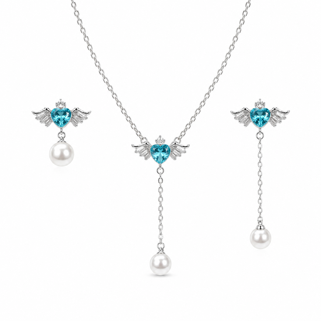 Angel Aqua Asymmetric Necklace Earrings Set