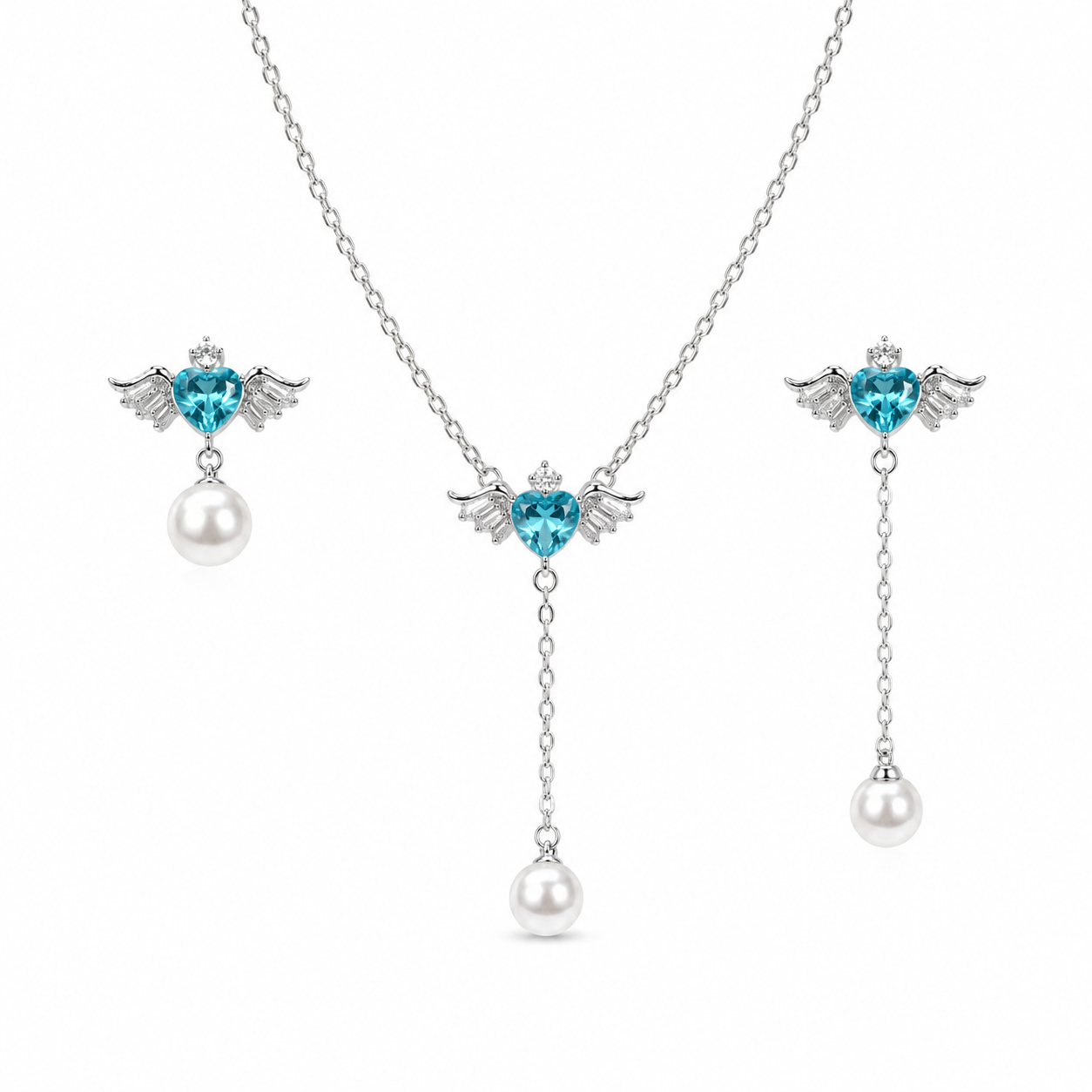 Angel Aqua Asymmetric Necklace Earrings Set