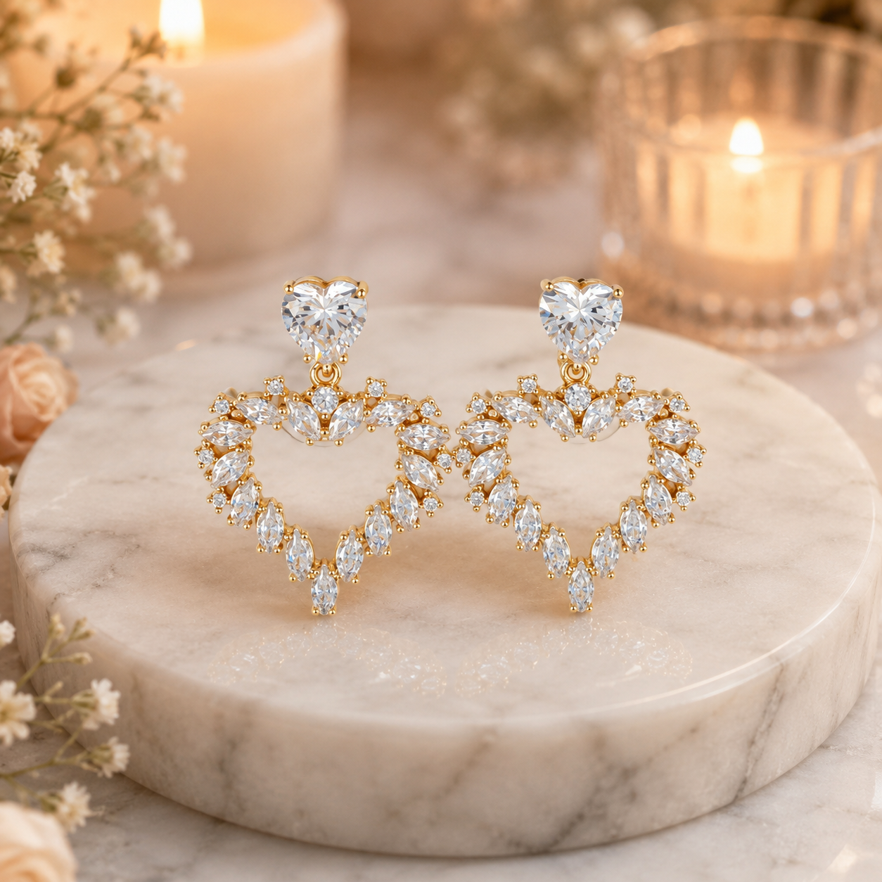 Crystal Heart CZ Gold-Tone Drop Earrings