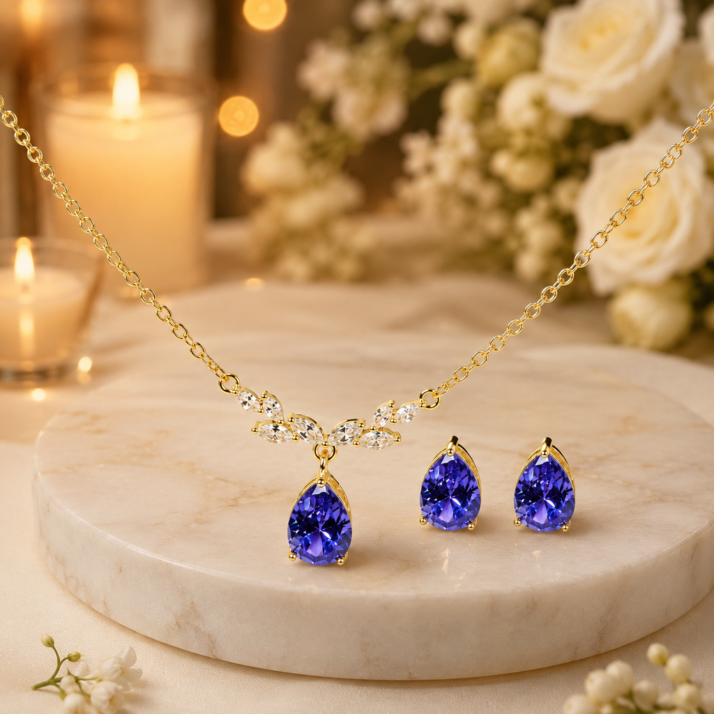 Purple Teardrop Crystal Necklace and Earrings Set