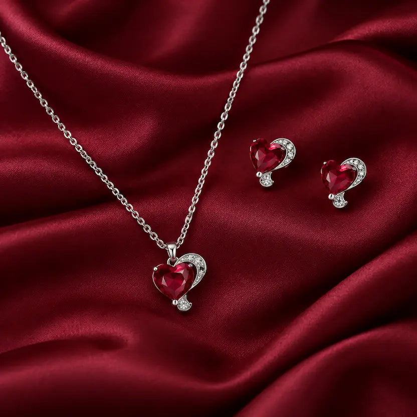 Red Heart CZ Necklace and Earrings Set