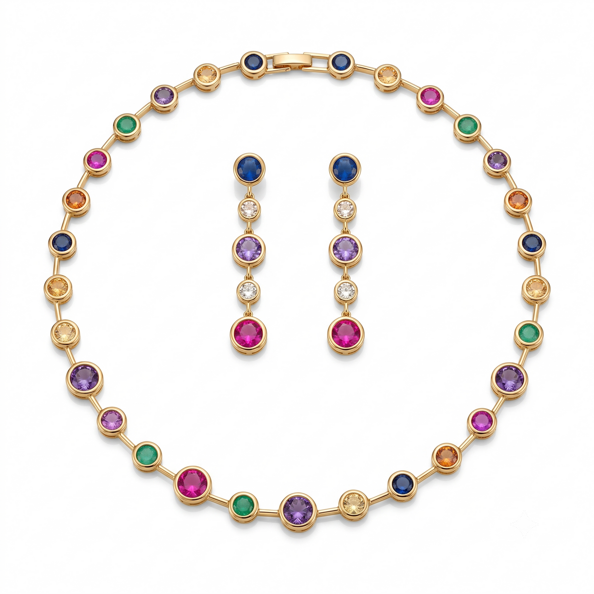 Multicolour Bezel Crystal Necklace and Earrings Set