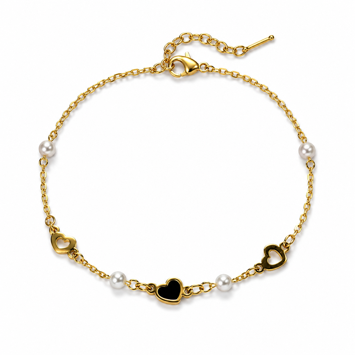 Onyx Heart Pearl Chain Bracelet