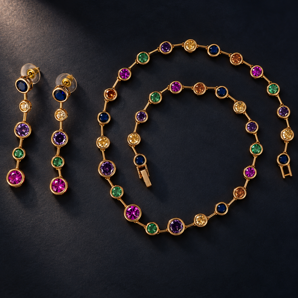 Multicolour Bezel Crystal Necklace and Earrings Set