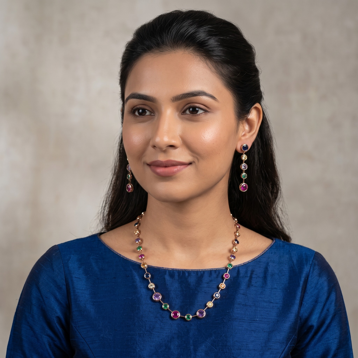 Multicolour Bezel Crystal Necklace and Earrings Set