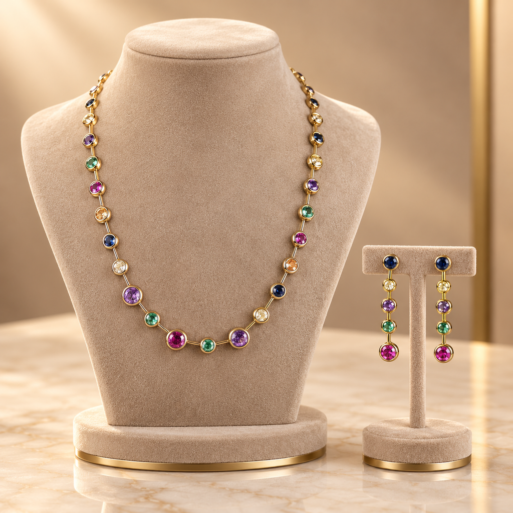 Multicolour Bezel Crystal Necklace and Earrings Set