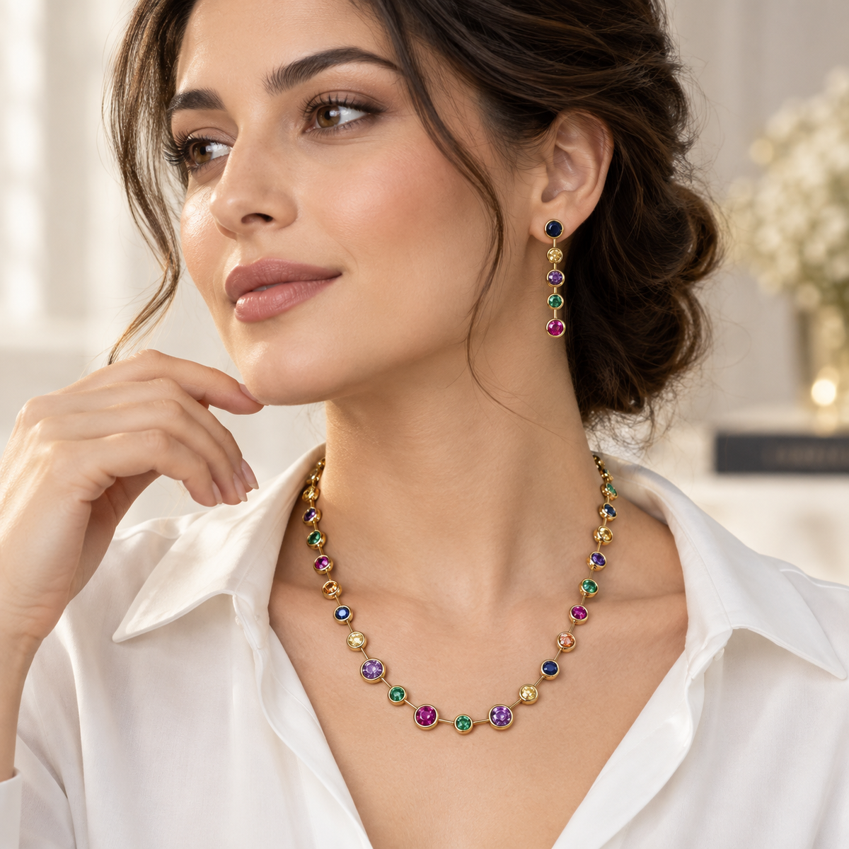 Multicolour Bezel Crystal Necklace and Earrings Set