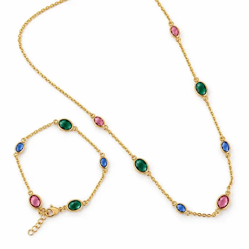 Multicolour Oval Crystal Necklace and Bracelet Set