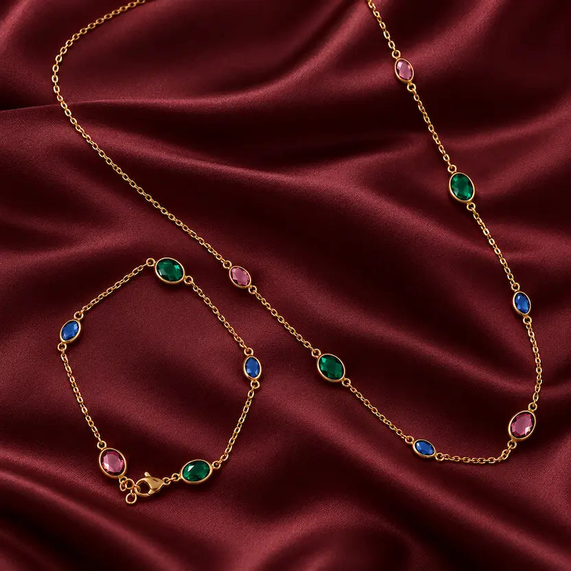 Multicolour Oval Crystal Necklace and Bracelet Set