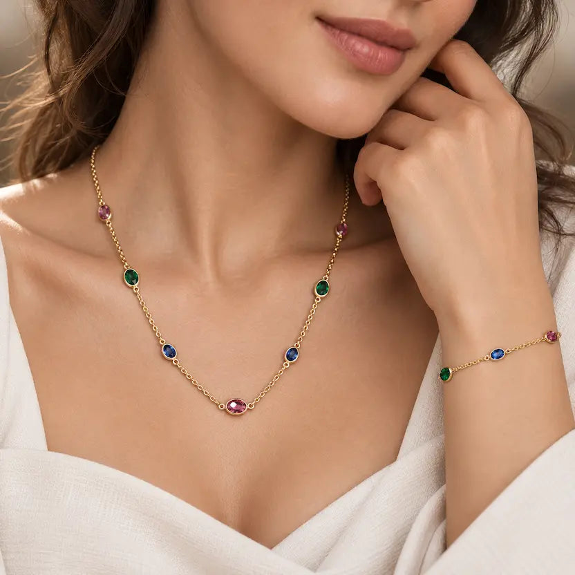 Multicolour Oval Crystal Necklace and Bracelet Set
