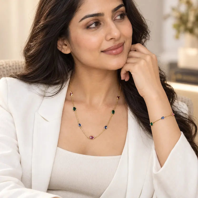 Multicolour Oval Crystal Necklace and Bracelet Set