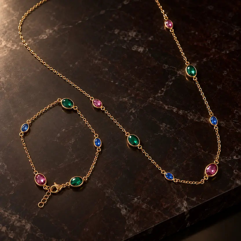 Multicolour Oval Crystal Necklace and Bracelet Set