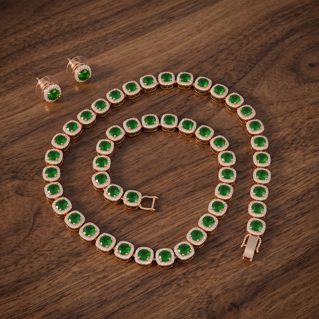 Emerald Green Halo Tennis Necklace and Earrings Set