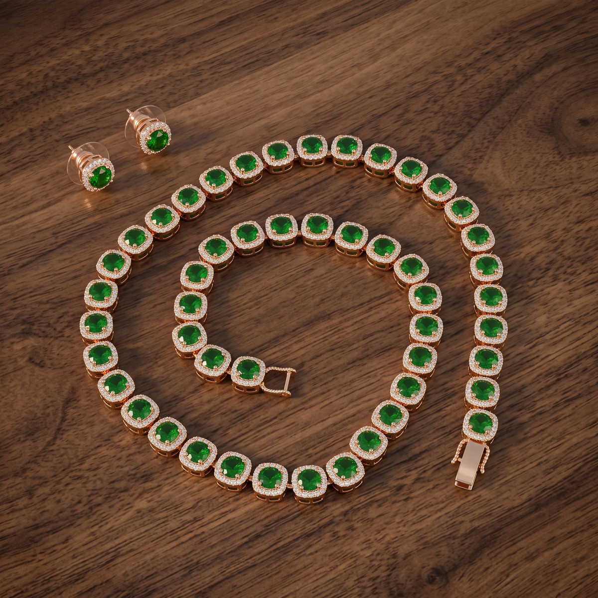 Emerald Green Halo Tennis Necklace and Earrings Set